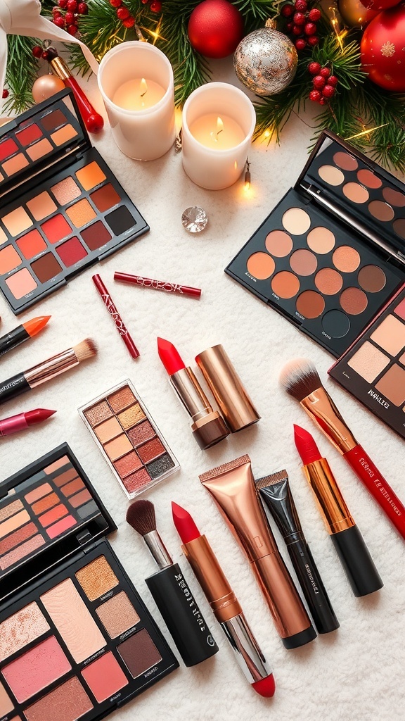 Flat lay of makeup products including eyeshadow palettes, lipsticks, and brushes on a festive background.